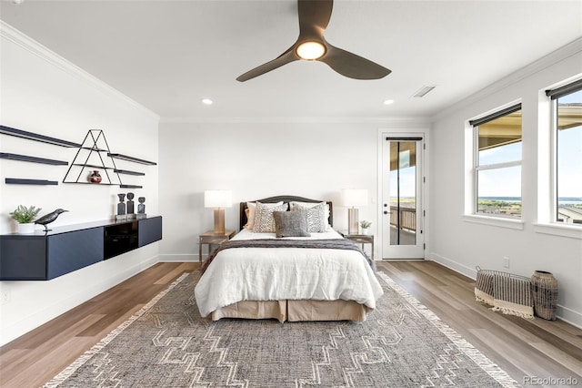 16262 W 95th Ln, Arvada, CO 80007 - bedroom with ornamental molding, access to exterior, wood finished floors, recessed lighting, and a ceiling fan
