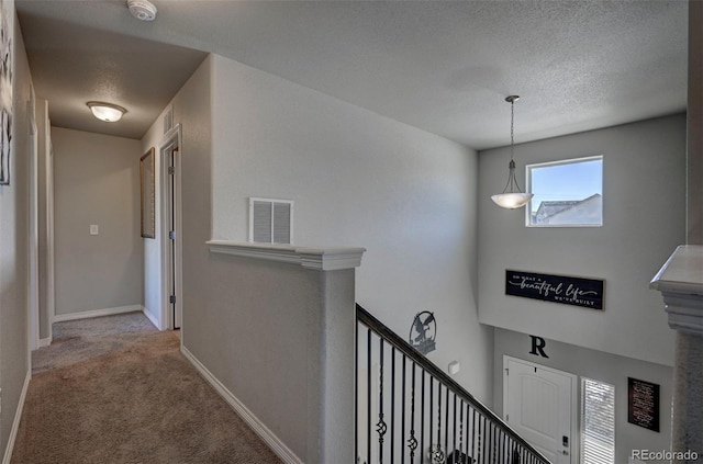 interior space with light colored carpet and a textured ceiling