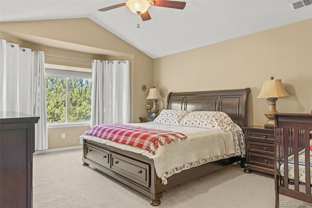 15021 Josephine St, Thornton, CO 80602 - bedroom with light colored carpet, vaulted ceiling, and ceiling fan