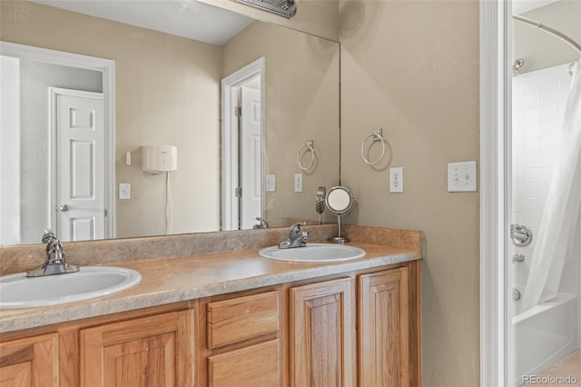 15021 Josephine St, Thornton, CO 80602 - full bathroom with double vanity and shower / bath combination with curtain