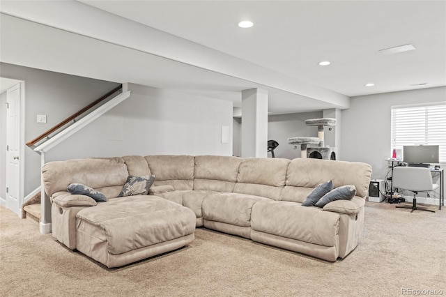 15021 Josephine St, Thornton, CO 80602 - living area with carpet flooring, stairs, and recessed lighting