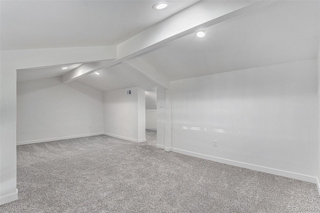 bonus room with lofted ceiling with beams, carpet floors, baseboards, and recessed lighting