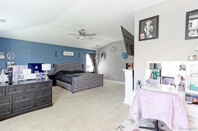 9994 Quintero St, Commerce City, CO 80022 - bedroom featuring light carpet, vaulted ceiling, a desk, and a ceiling fan