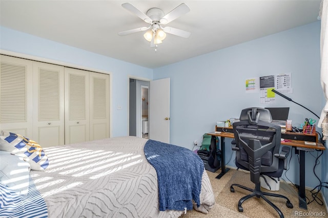 carpeted bedroom featuring ceiling fan and a closet