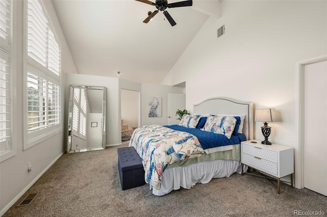 bedroom featuring carpet flooring, ceiling fan, high vaulted ceiling, and beamed ceiling