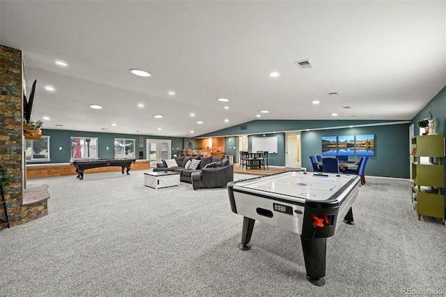 game room with billiards, light colored carpet, and vaulted ceiling