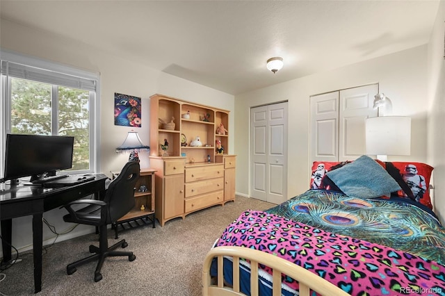 carpeted bedroom with two closets