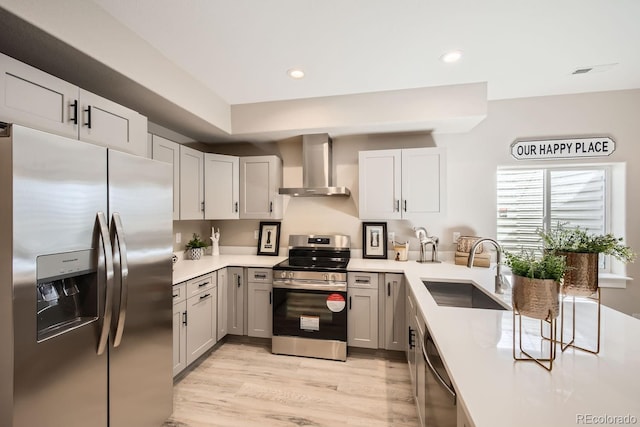 kitchen featuring gray cabinetry, sink, wall chimney exhaust hood, appliances with stainless steel finishes, and light wood-type flooring