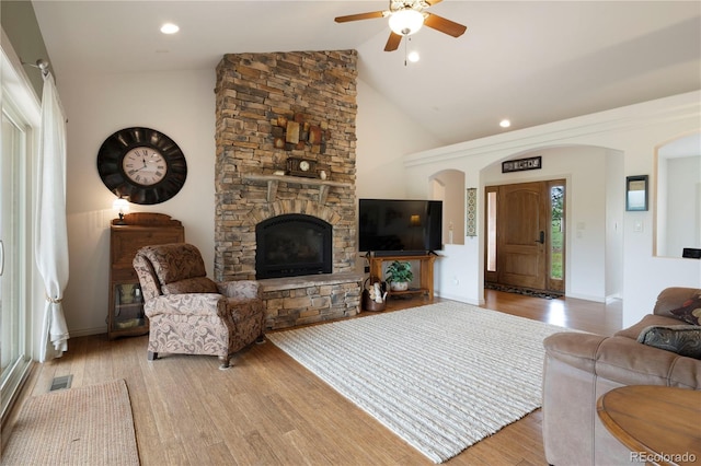 15910 Rhodes Pl, Elbert, CO 80106 - living area featuring ceiling fan, a fireplace, light wood-style flooring, baseboards, and recessed lighting