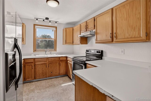 10181 Detroit Ct, Thornton, CO 80229 - kitchen featuring electric stove, under cabinet range hood, fridge with ice dispenser, light countertops, and a textured ceiling