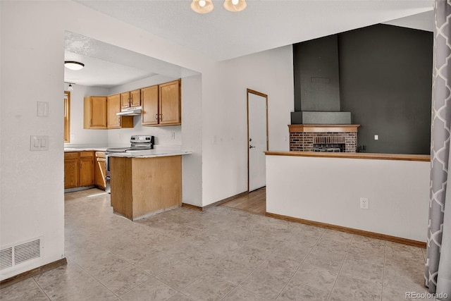 10181 Detroit Ct, Thornton, CO 80229 - kitchen featuring stainless steel electric range, light countertops, a peninsula, a fireplace, and under cabinet range hood