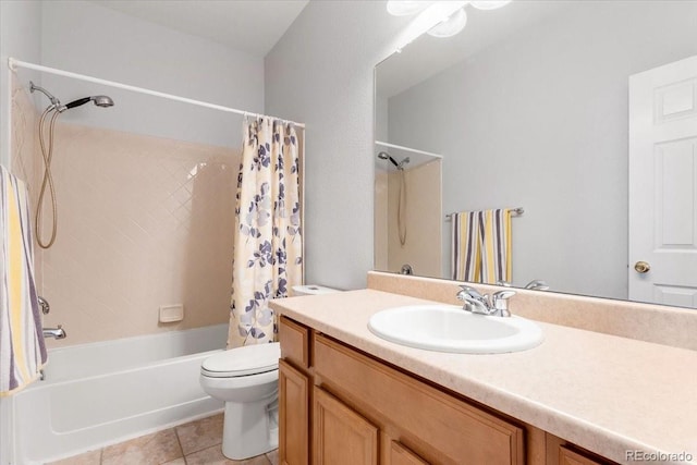 full bathroom with shower / bath combination with curtain, tile patterned flooring, vanity, and toilet