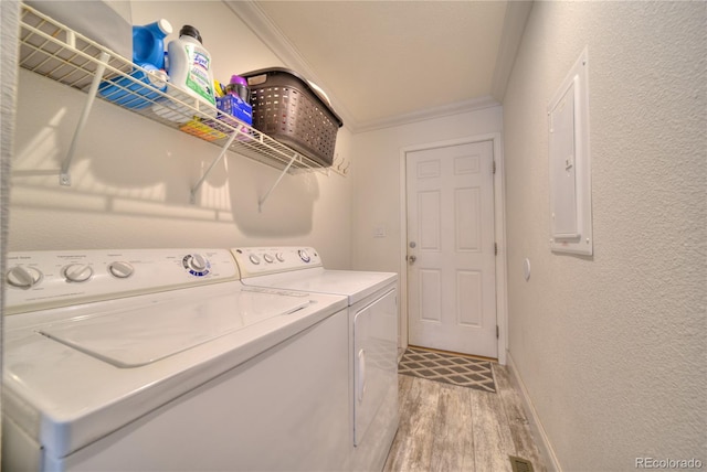 539 W 9th St, Akron, CO 80720 - washroom with crown molding, light wood-style flooring, washing machine and clothes dryer, and a textured wall
