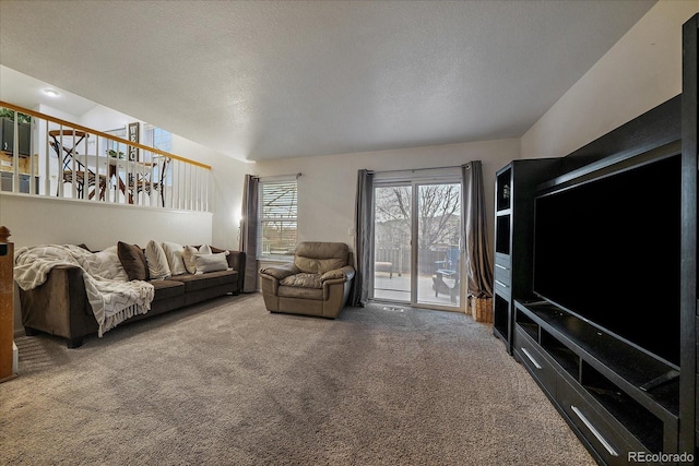 carpeted living area with a textured ceiling