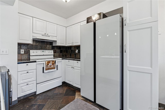 kitchen with white electric range, decorative backsplash, and white cabinets