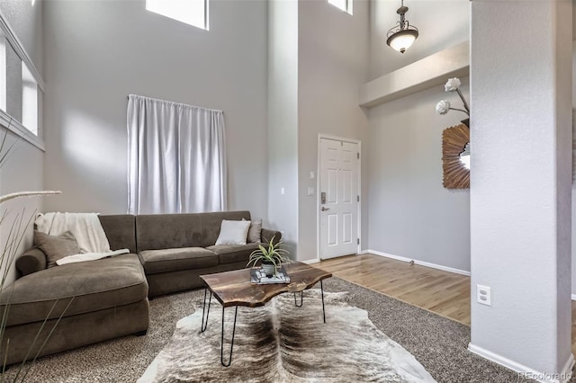 living room featuring light hardwood / wood-style floors and a high ceiling