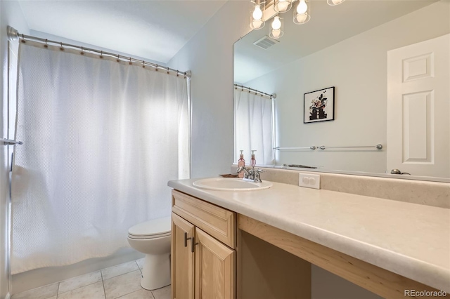 full bathroom featuring toilet, shower / tub combo, vanity, and tile patterned floors