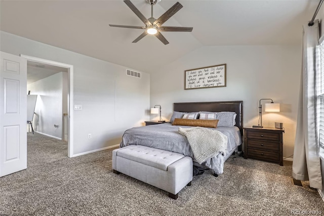 carpeted bedroom featuring ceiling fan and lofted ceiling