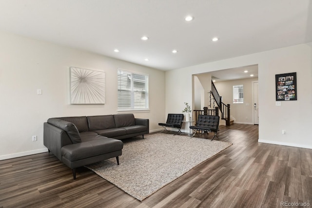 11151 W 53rd Dr, Wheat Ridge, CO 80033 - living room with dark wood-style floors, stairs, and recessed lighting