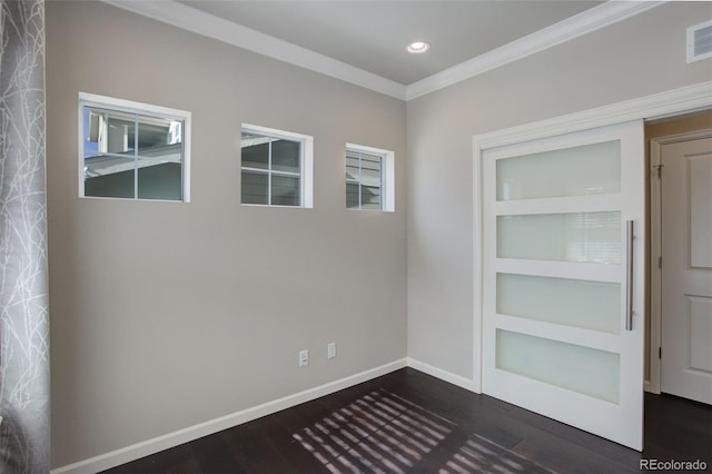 unfurnished room featuring built in features, ornamental molding, and dark hardwood / wood-style floors