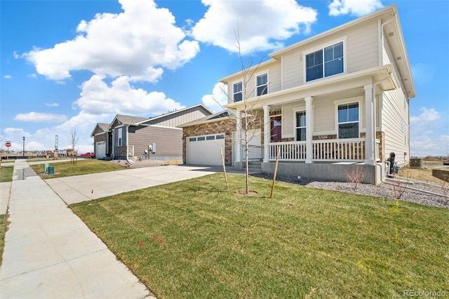 view of front of home with a front yard, covered porch, concrete driveway, and central air condition unit