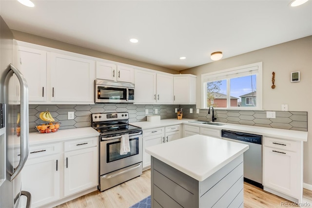 kitchen featuring a sink, stainless steel appliances, light wood-style flooring, backsplash, and white cabinetry
