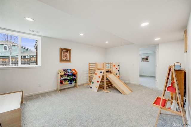 rec room featuring recessed lighting, carpet, visible vents, and baseboards