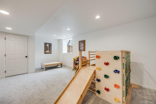 playroom featuring recessed lighting, carpet, and baseboards