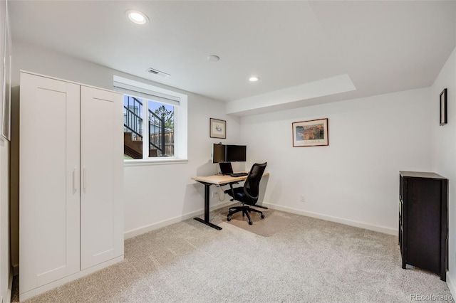 home office featuring recessed lighting, visible vents, carpet flooring, and baseboards