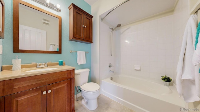 full bath featuring vanity, visible vents,  shower combination, tile patterned floors, and toilet