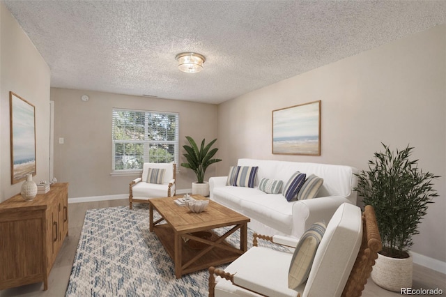 living area with a textured ceiling, light wood-type flooring, and baseboards