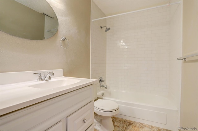 full bath featuring toilet, tile patterned flooring, bathing tub / shower combination, vanity, and a textured wall