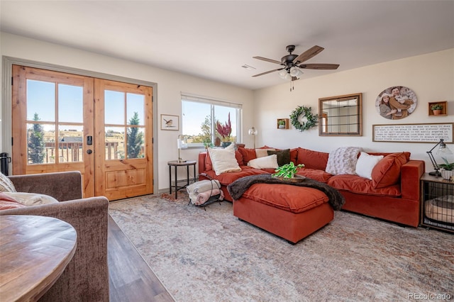 11170 Peaceful Valley Rd, Colorado Springs, CO 80925 - living room with wood finished floors and ceiling fan