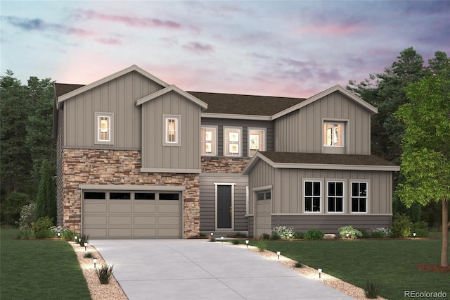 view of front of house with board and batten siding, roof with shingles, a lawn, driveway, and an attached garage