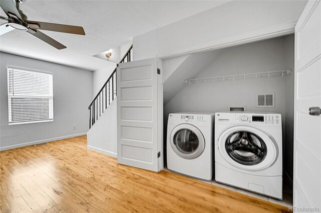 1431 Tamarac St, Denver, CO 80220 - clothes washing area featuring a ceiling fan, washer and dryer, visible vents, wood finished floors, and laundry area