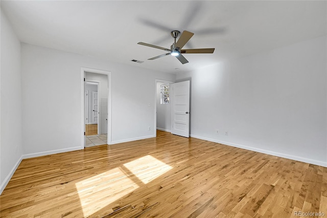 unfurnished bedroom featuring light hardwood / wood-style floors and ceiling fan