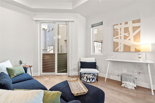 living area with baseboards, a tray ceiling, and wood finished floors