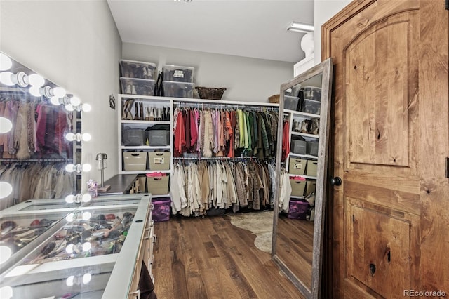 walk in closet featuring dark wood-type flooring