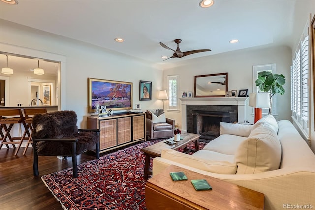 1224 Glencoe St, Denver, CO 80220 - living room with dark wood-style floors, a ceiling fan, healthy amount of natural light, a fireplace, and recessed lighting