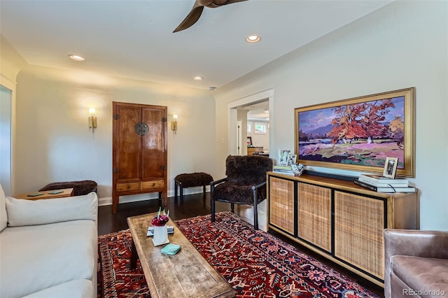 1224 Glencoe St, Denver, CO 80220 - living area featuring wood finished floors, a ceiling fan, and recessed lighting