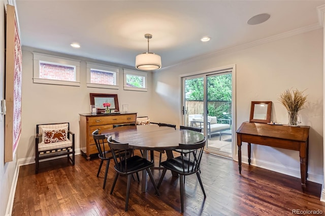 1224 Glencoe St, Denver, CO 80220 - dining area with ornamental molding, dark wood-style floors, and recessed lighting