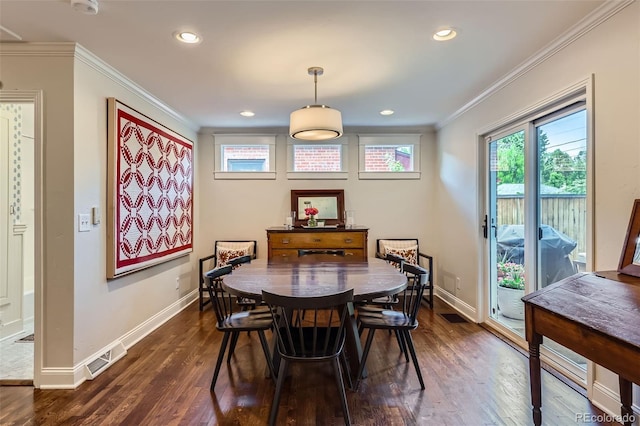 1224 Glencoe St, Denver, CO 80220 - dining room with ornamental molding, dark wood-style flooring, and recessed lighting