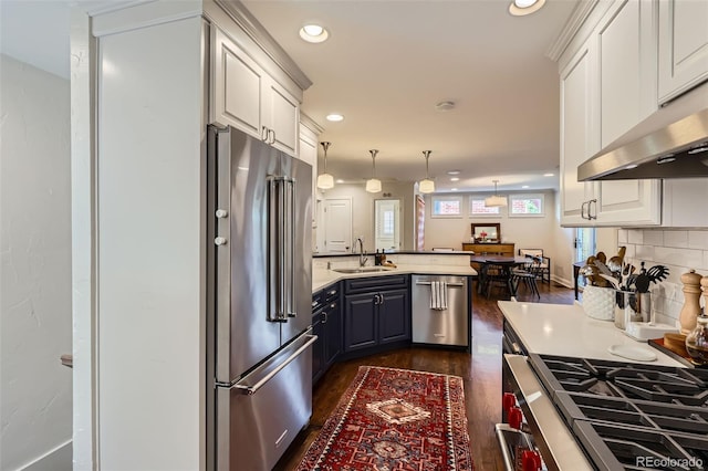 1224 Glencoe St, Denver, CO 80220 - kitchen featuring stainless steel appliances, dark wood finished floors, a peninsula, recessed lighting, and under cabinet range hood