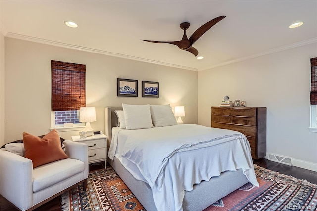 1224 Glencoe St, Denver, CO 80220 - bedroom with recessed lighting, crown molding, dark wood finished floors, and ceiling fan