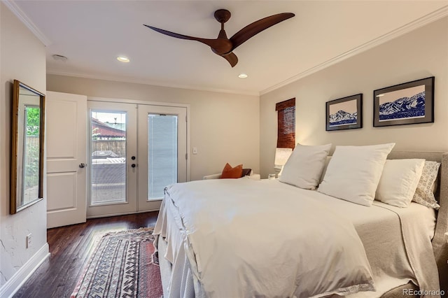 1224 Glencoe St, Denver, CO 80220 - bedroom featuring access to exterior, dark wood-style flooring, crown molding, french doors, and ceiling fan