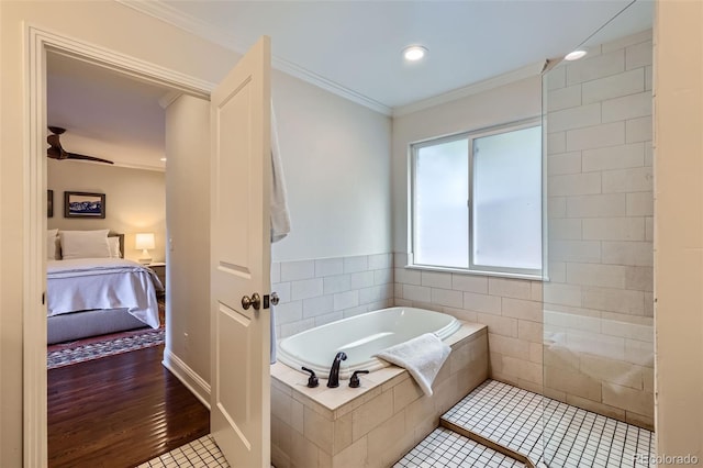 1224 Glencoe St, Denver, CO 80220 - ensuite bathroom featuring a garden tub, crown molding, recessed lighting, and wood finished floors