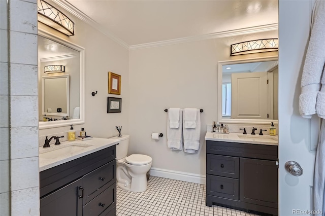 1224 Glencoe St, Denver, CO 80220 - bathroom featuring two vanities, crown molding, and tile patterned floors