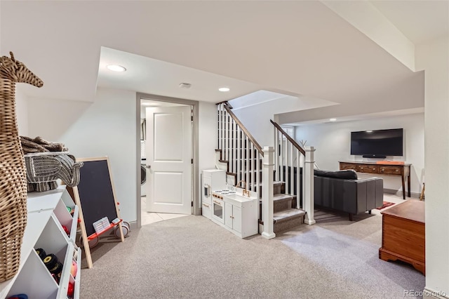1224 Glencoe St, Denver, CO 80220 - stairway featuring carpet, recessed lighting, and washer / clothes dryer