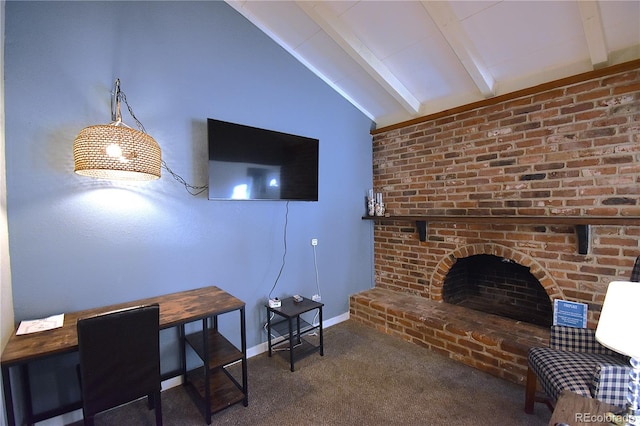 carpeted living room with vaulted ceiling with beams and a brick fireplace