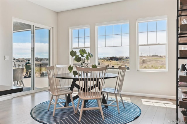 dining space with baseboards, a healthy amount of sunlight, and wood finished floors